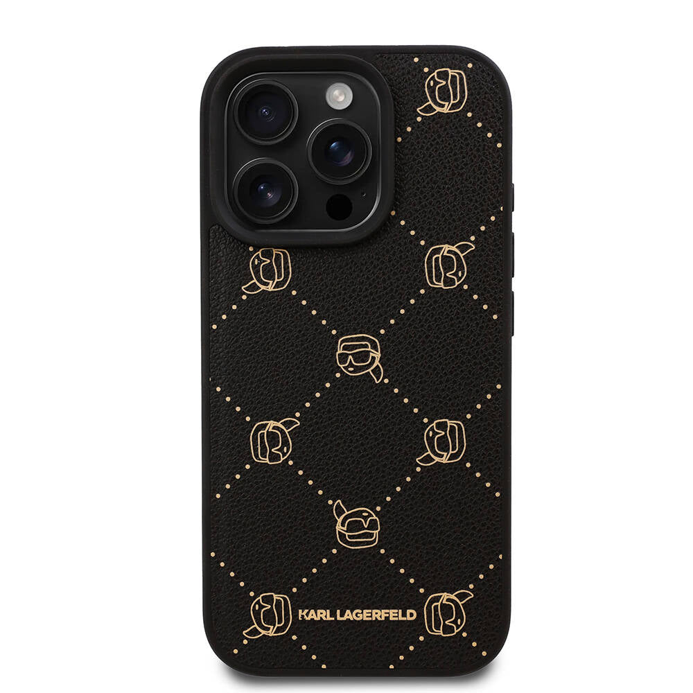 Apple iPhone 16 Pro Kılıf Karl Lagerfeld Orjinal Lisanslı M-safe Şarj Özellikli PU Deri Karl Heads Desenli Klasik Logolu Kapak Siyah