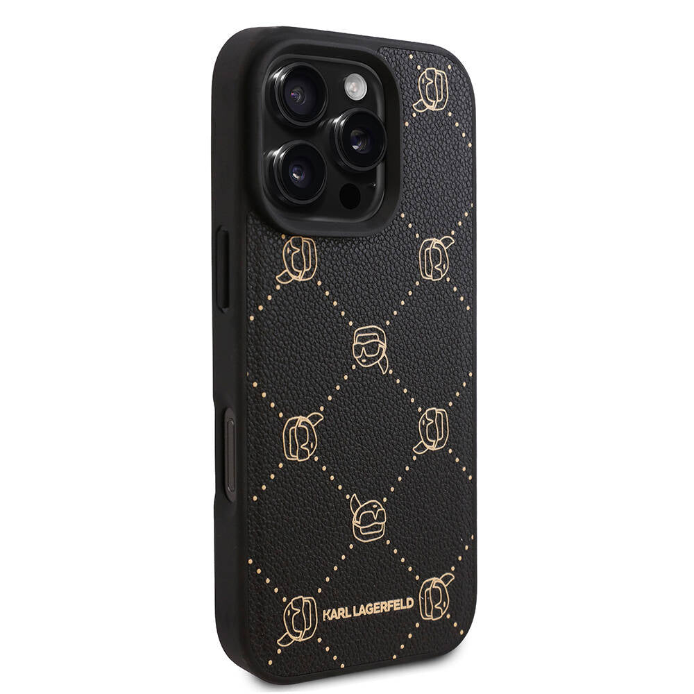 Apple iPhone 16 Pro Kılıf Karl Lagerfeld Orjinal Lisanslı M-safe Şarj Özellikli PU Deri Karl Heads Desenli Klasik Logolu Kapak Siyah