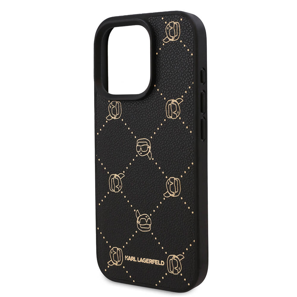 Apple iPhone 16 Pro Kılıf Karl Lagerfeld Orjinal Lisanslı M-safe Şarj Özellikli PU Deri Karl Heads Desenli Klasik Logolu Kapak Siyah