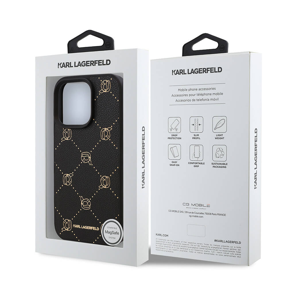 Apple iPhone 16 Pro Kılıf Karl Lagerfeld Orjinal Lisanslı M-safe Şarj Özellikli PU Deri Karl Heads Desenli Klasik Logolu Kapak Siyah