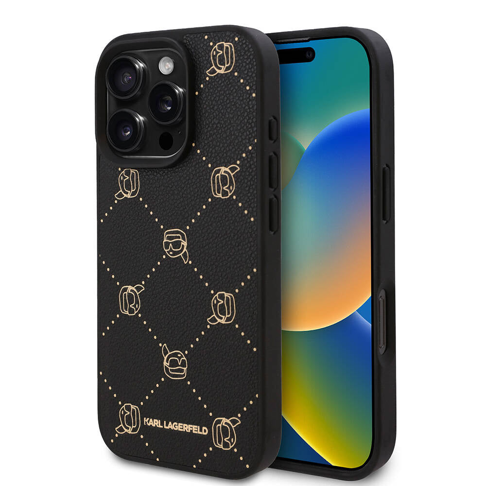 Apple iPhone 16 Pro Kılıf Karl Lagerfeld Orjinal Lisanslı M-safe Şarj Özellikli PU Deri Karl Heads Desenli Klasik Logolu Kapak Siyah