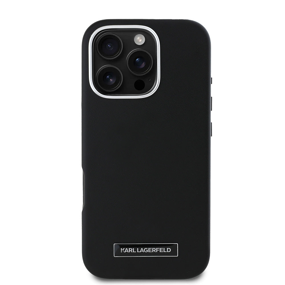Apple iPhone 16 Pro Kılıf Karl Lagerfeld Orjinal Lisanslı M-safe Şarj Özellikli Metal Kamera ve Buton Tasarımlı Plaka Logolu PU Deri Kapak Siyah