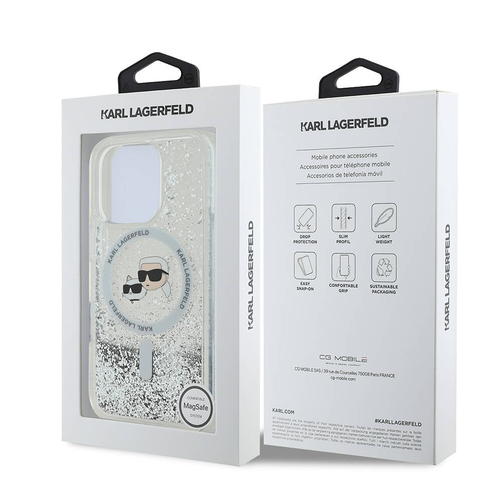Apple iPhone 16 Pro Kılıf Karl Lagerfeld Orjinal Lisanslı M-safe Şarj Özellikli Sıvılı Simli KC Heads Kapak Şeffaf