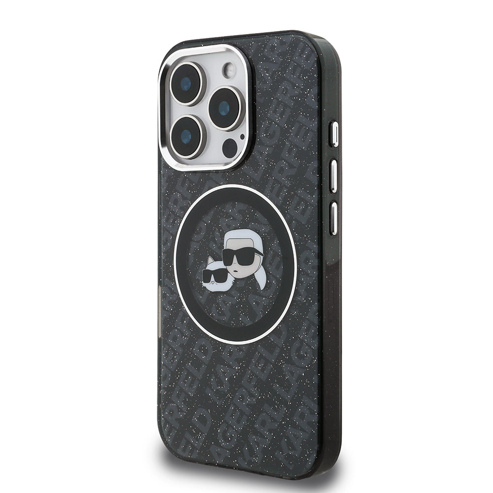 Apple iPhone 16 Pro Kılıf Karl Lagerfeld Orjinal Lisanslı Parlayan Simli Karl & Choupette Heads Kapak Siyah