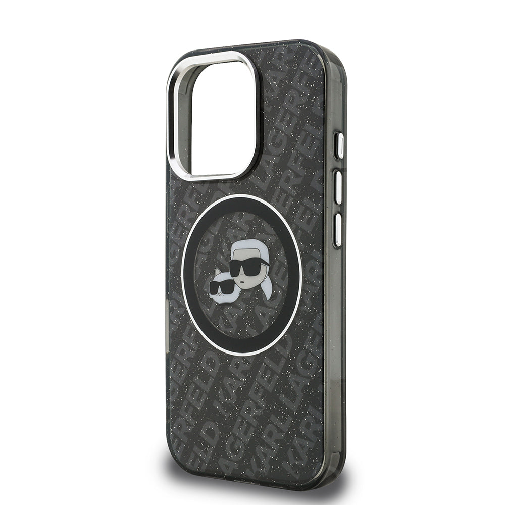 Apple iPhone 16 Pro Kılıf Karl Lagerfeld Orjinal Lisanslı Parlayan Simli Karl & Choupette Heads Kapak Siyah