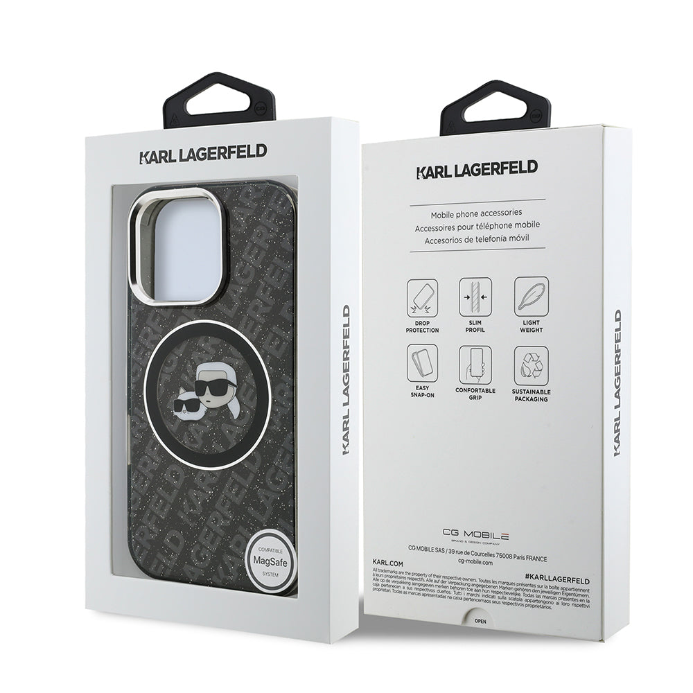 Apple iPhone 16 Pro Kılıf Karl Lagerfeld Orjinal Lisanslı Parlayan Simli Karl & Choupette Heads Kapak Siyah