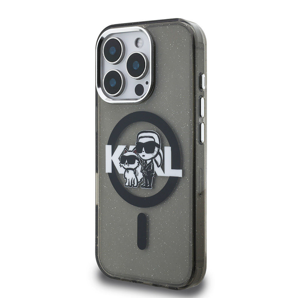 Apple iPhone 16 Pro Kılıf Karl Lagerfeld Orjinal Lisanslı Parlayan Simli Karl & Choupette Sketch Logo Kapak Siyah