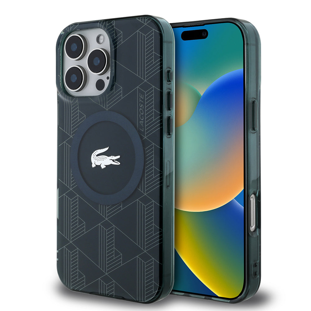 Apple iPhone 16 Pro Kılıf Lacoste Orjinal Lisanslı M-safe Şarj Özellikli IML Baskılı Gümüş Timsah Logolu Monogram Kapak