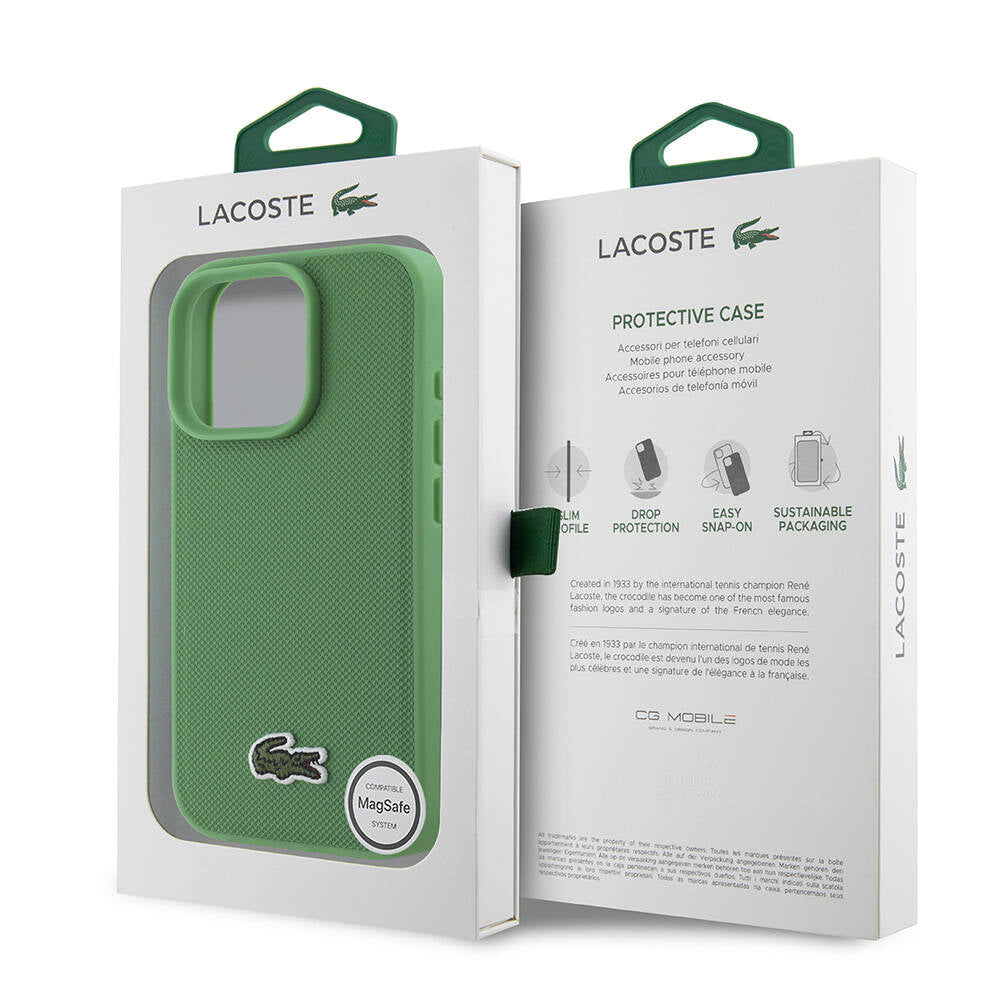 Apple iPhone 16 Pro Kılıf Lacoste Orjinal Lisanslı PU Pike Desenli Arka Yüzey İkonik Timsah Dokuma Logolu Kapak Koyu Yeşil