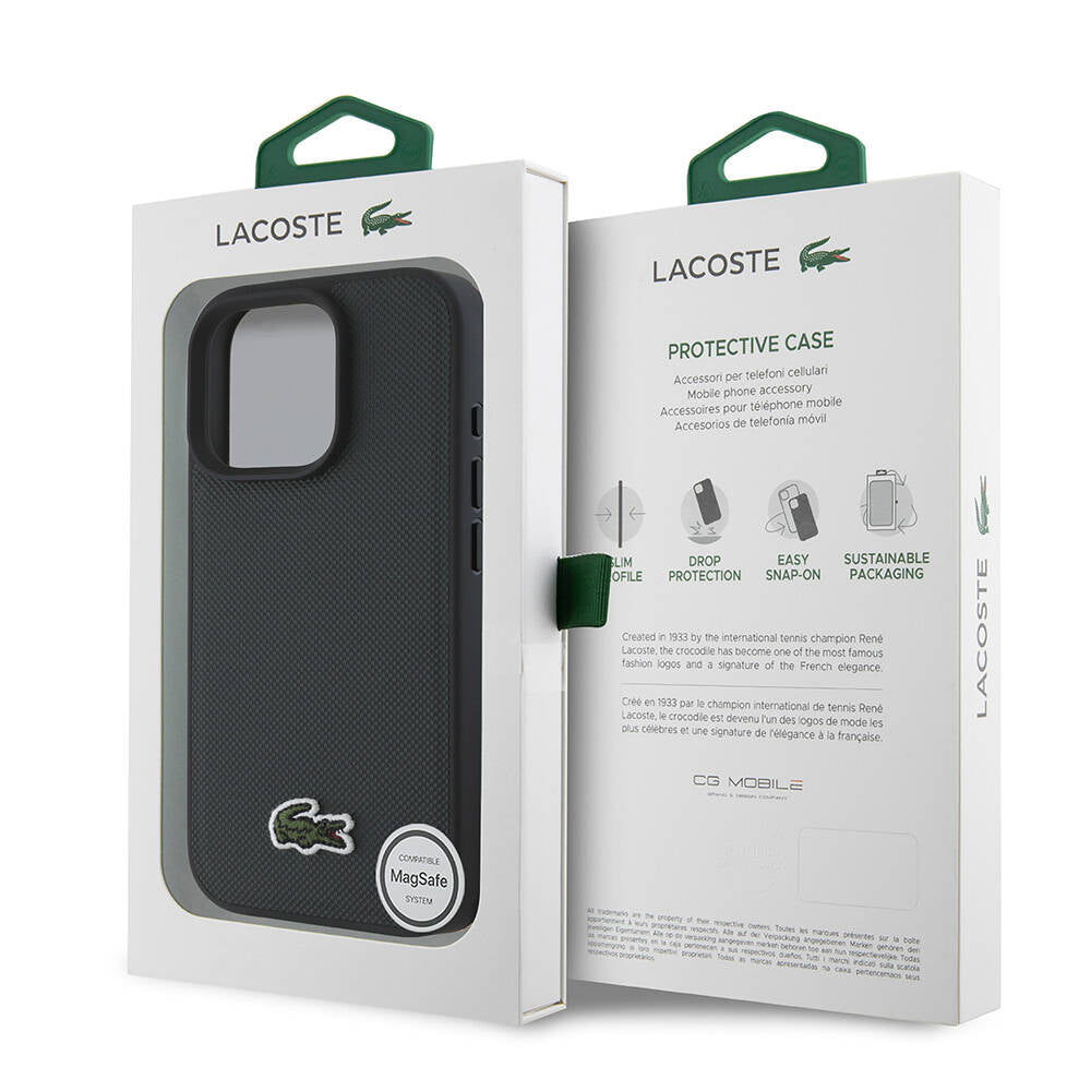 Apple iPhone 16 Pro Kılıf Lacoste Orjinal Lisanslı PU Pike Desenli Arka Yüzey İkonik Timsah Dokuma Logolu Kapak Siyah