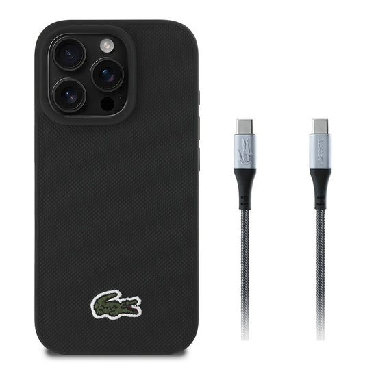 Apple iPhone 16 Pro Kılıf Lacoste Orjinal Lisanslı PU Pike Desenli Arka Yüzey İkonik Timsah Dokuma Logolu Kapak + Type-C Kablo 1.5m