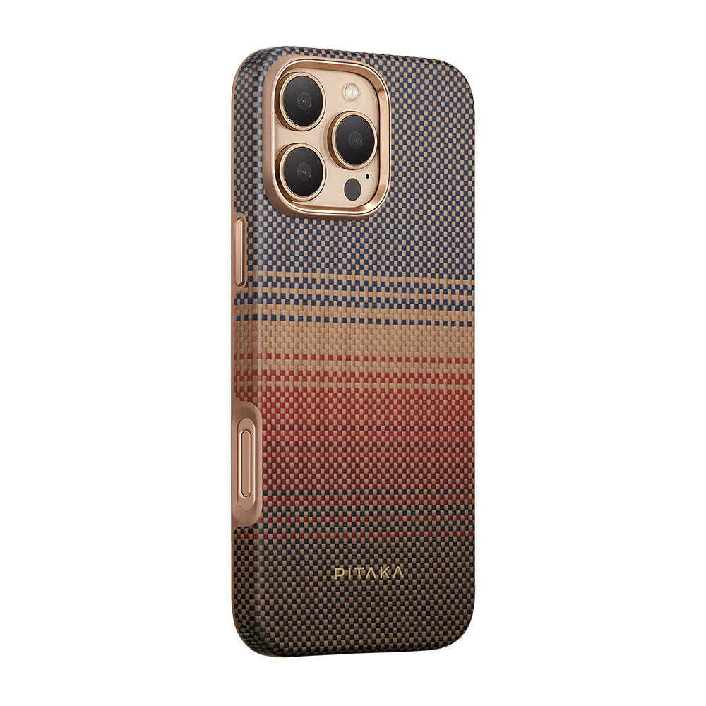 Apple iPhone 16 Pro Kılıf M-safe Şarj Özellikli Aramid Fiber Pitaka Military-Grade Sunset-Moonrise Serisi Sunset Kapak