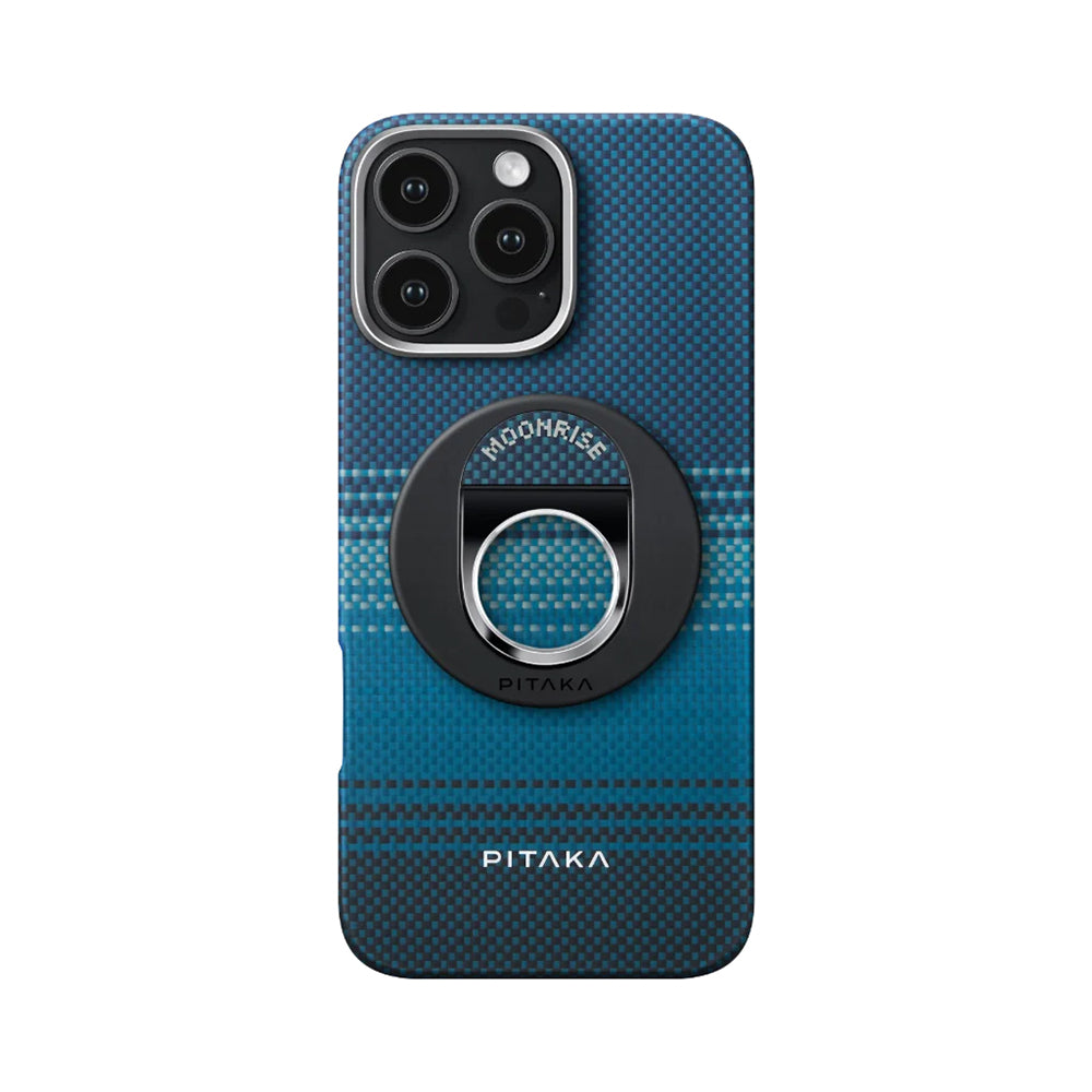 Apple iPhone 16 Pro Kılıf M-safe Şarj Özellikli Grip 3 Standlı Aramid Fiber Pitaka Tactile Woven Sunset-Moonrise Serisi Moonrise Kapak