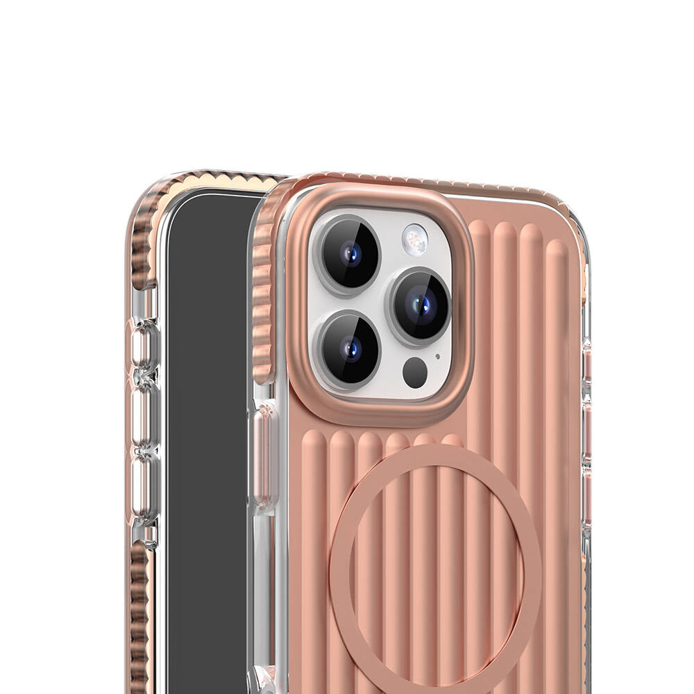 Apple iPhone 16 Pro Kılıf M-safe Şarj Özellikli Oyuklu Tasarım Mutural Bumpy Clear Kapak Rose Gold