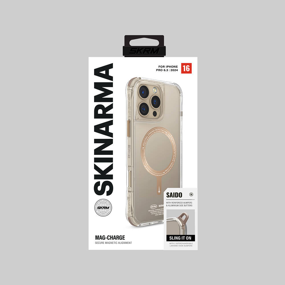 Apple iPhone 16 Pro Kılıf M-safe Şarj Özellikli Şeffaf Airbag Tasarımlı Skinarma Saido Prime Kapak Gold
