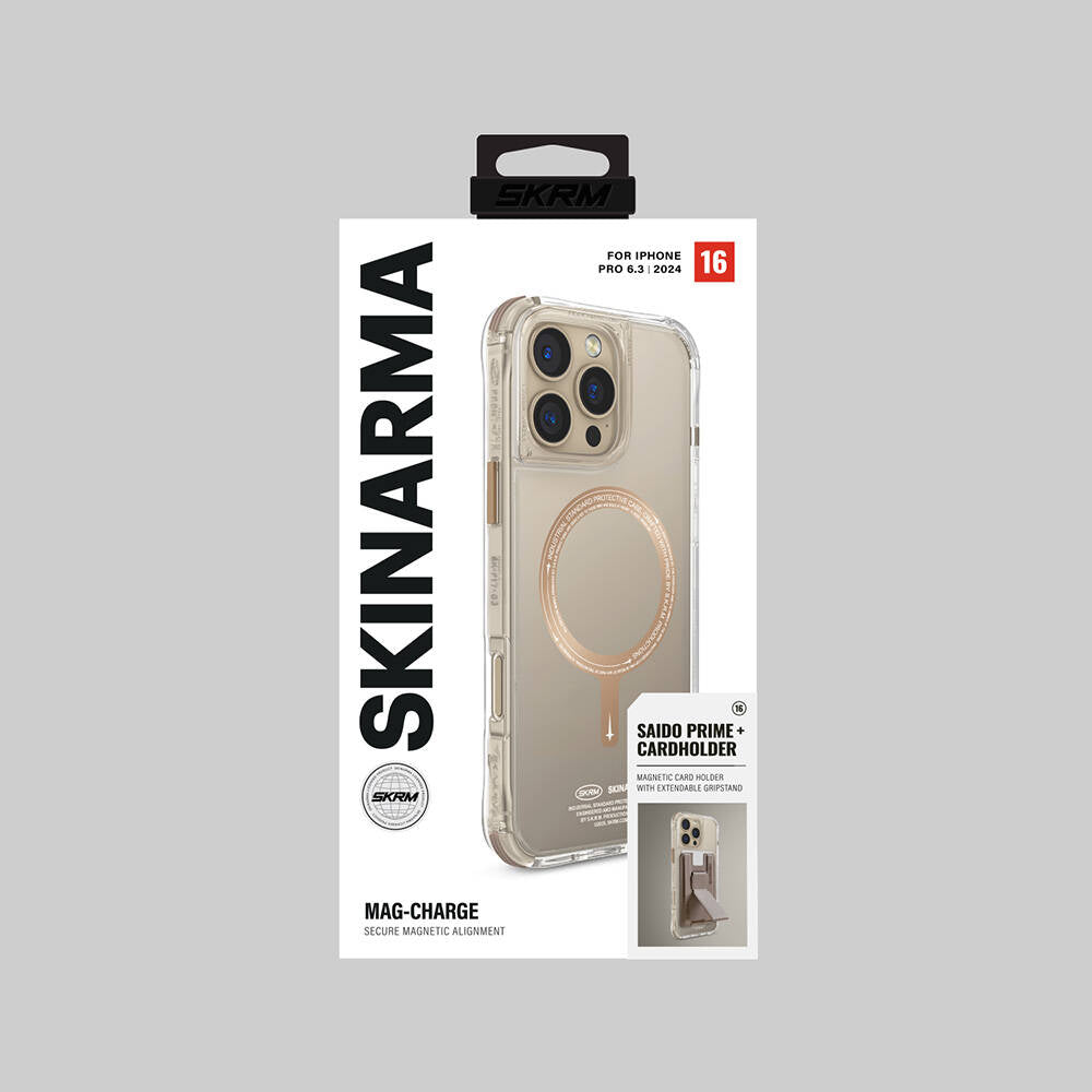 Apple iPhone 16 Pro Kılıf M-safe Şarj Özellikli Şeffaf Airbag Tasarımlı Skinarma Saido Prime Kapak Gold