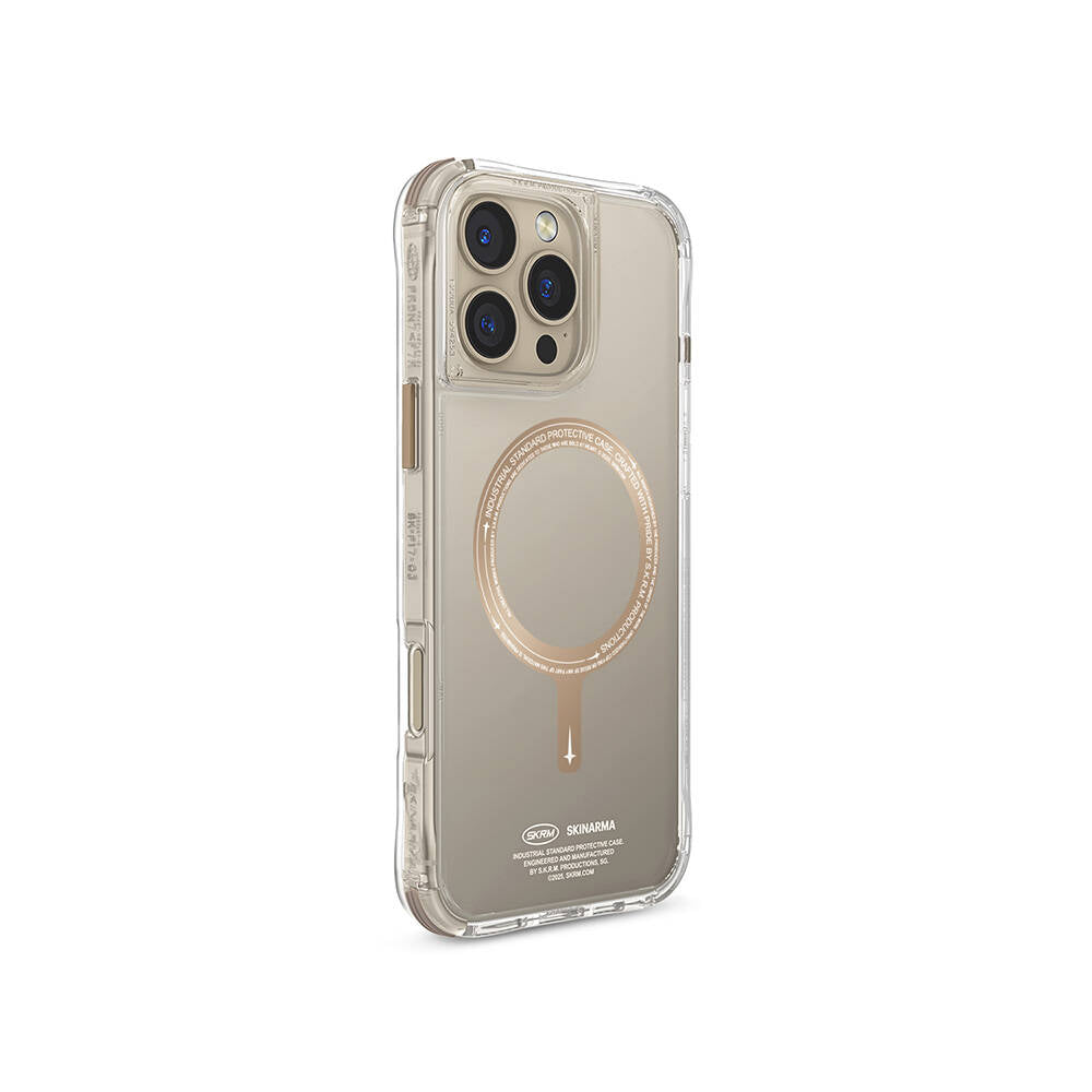 Apple iPhone 16 Pro Kılıf M-safe Şarj Özellikli Şeffaf Airbag Tasarımlı Skinarma Saido Prime Kapak Gold