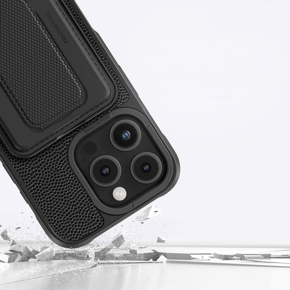 Apple iPhone 16 Pro Kılıf M-safe Şarj Özellikli Standlı Kartlıklı Set Amazingthing Glamour Luxe Serisi Kapak Siyah