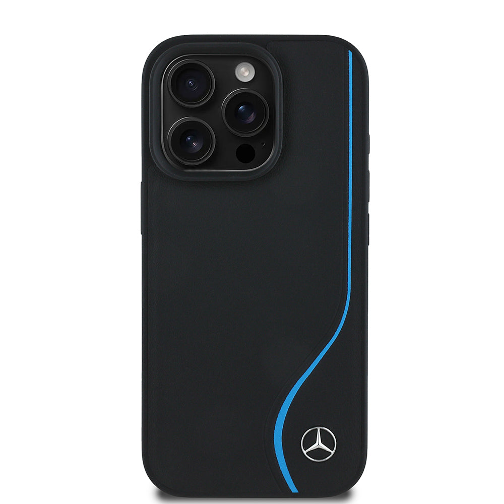 Apple iPhone 16 Pro Kılıf Mercedes Benz Orjinal Lisanslı M-safe Şarj Özellikli 3D Metal Logolu Mavi Dikey Eğri Çizgili Deri Kapak