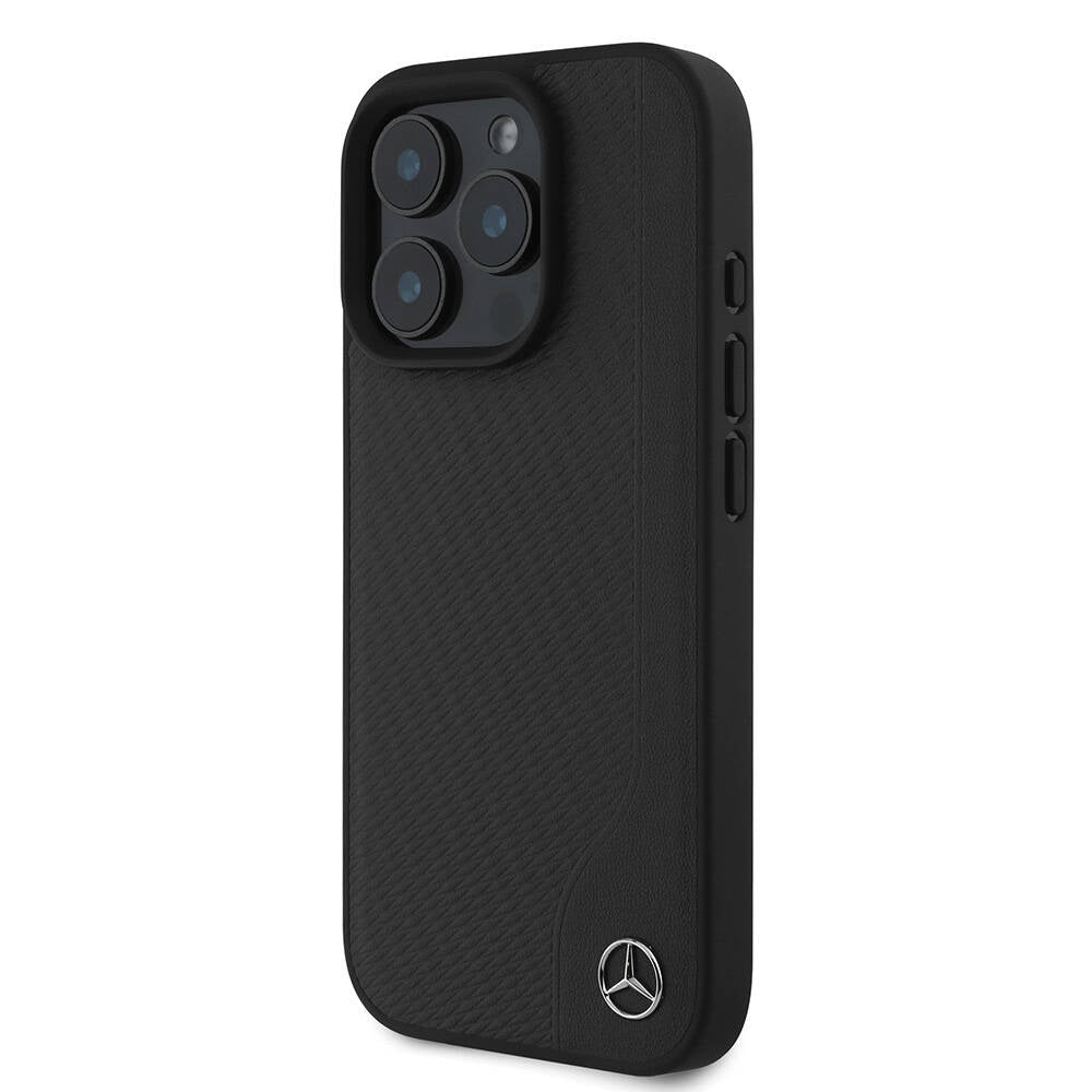 Apple iPhone 16 Pro Kılıf Mercedes Benz Orjinal Lisanslı M-safe Şarj Özellikli 3D Metal Logolu Wood Imitation Deri Kapak Siyah