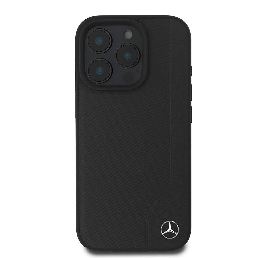 Apple iPhone 16 Pro Kılıf Mercedes Benz Orjinal Lisanslı M-safe Şarj Özellikli 3D Metal Logolu Wood Imitation Deri Kapak Siyah