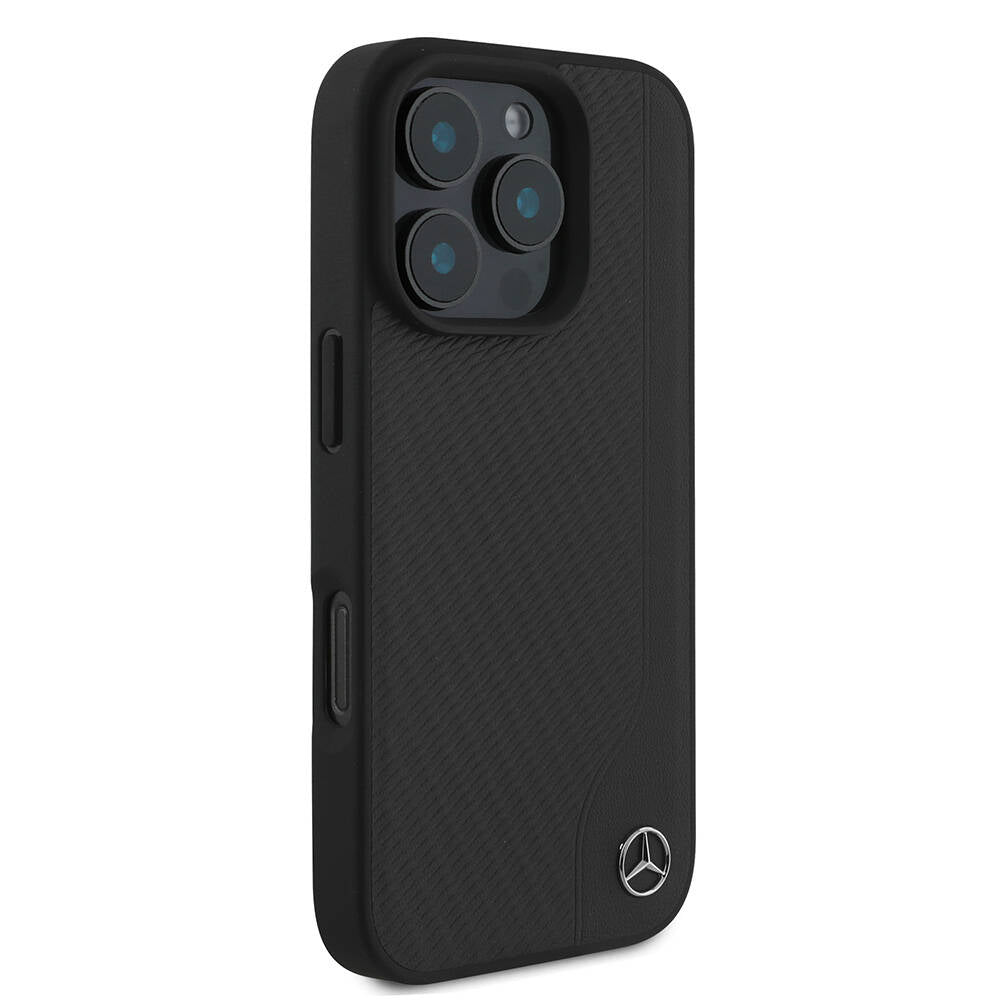 Apple iPhone 16 Pro Kılıf Mercedes Benz Orjinal Lisanslı M-safe Şarj Özellikli 3D Metal Logolu Wood Imitation Deri Kapak Siyah