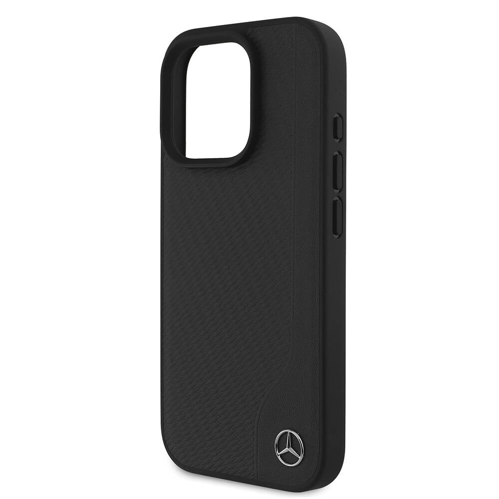 Apple iPhone 16 Pro Kılıf Mercedes Benz Orjinal Lisanslı M-safe Şarj Özellikli 3D Metal Logolu Wood Imitation Deri Kapak Siyah