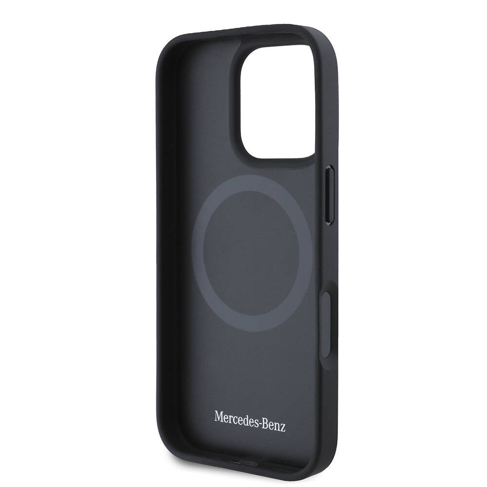 Apple iPhone 16 Pro Kılıf Mercedes Benz Orjinal Lisanslı M-safe Şarj Özellikli 3D Metal Logolu Wood Imitation Deri Kapak Siyah