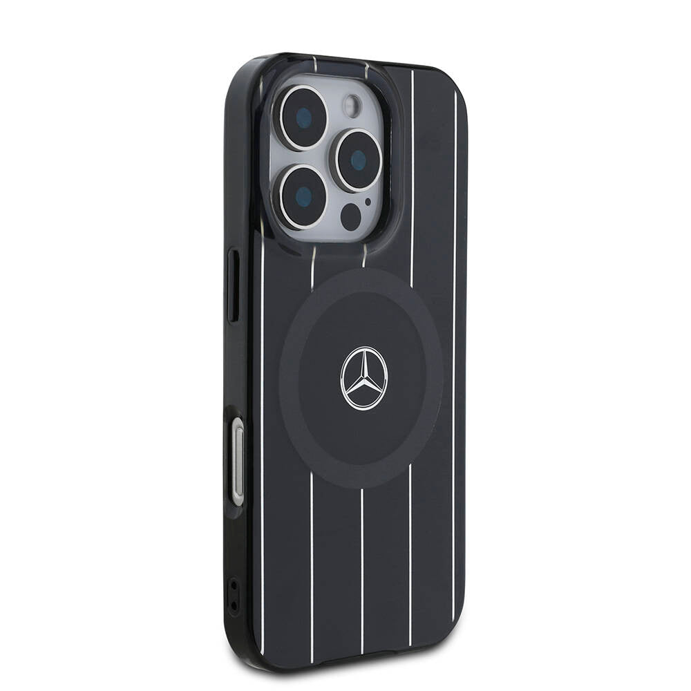 Apple iPhone 16 Pro Kılıf Mercedes Benz Orjinal Lisanslı M-safe Şarj Özellikli Çift Katmanlı Paralel Çizgi Desenli Kapak Siyah