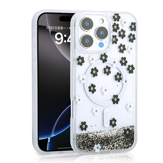 Apple iPhone 16 Pro Kılıf Sıvılı Simli Baskılı Şeffaf Arka Yüzey Zore Mossa Silikon Kapak