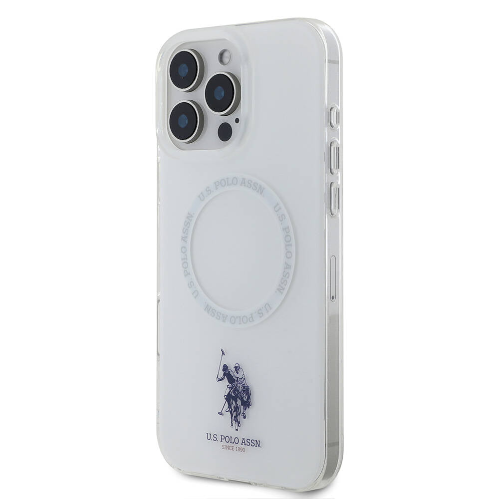 Apple iPhone 16 Pro Kılıf U.S. Polo Assn. Orjinal Lisanslı M-safe Şarj Özellikli IML Double Horse Logolu Ring Kapak Beyaz