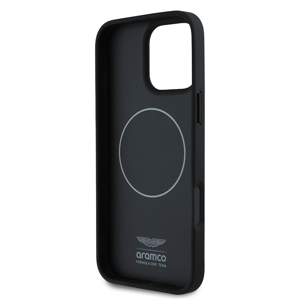 Apple iPhone 16 Pro Max Kılıf Aston Martin Orjinal Lisanslı M-safe Şarj Özellikli PU Deri Alonso 14 Baskılı Kapak Siyah