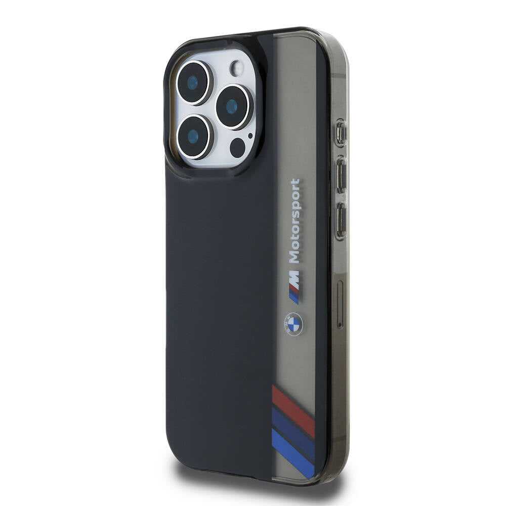 Apple iPhone 16 Pro Max Kılıf BMW Orjinal Lisanslı M Logolu Üç Renk Çizgili Motorsport Vertical Stripe Kapak Siyah