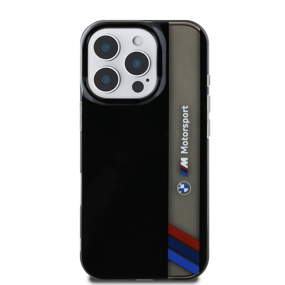 Apple iPhone 16 Pro Max Kılıf BMW Orjinal Lisanslı M Logolu Üç Renk Çizgili Motorsport Vertical Stripe Kapak Siyah