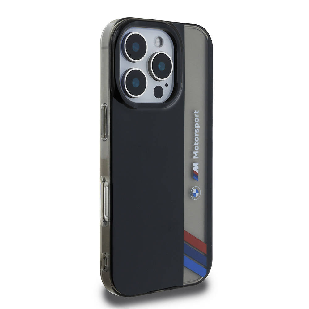 Apple iPhone 16 Pro Max Kılıf BMW Orjinal Lisanslı M Logolu Üç Renk Çizgili Motorsport Vertical Stripe Kapak Siyah
