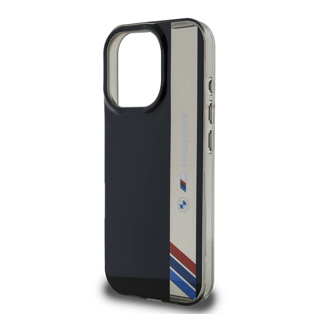 Apple iPhone 16 Pro Max Kılıf BMW Orjinal Lisanslı M Logolu Üç Renk Çizgili Motorsport Vertical Stripe Kapak Siyah