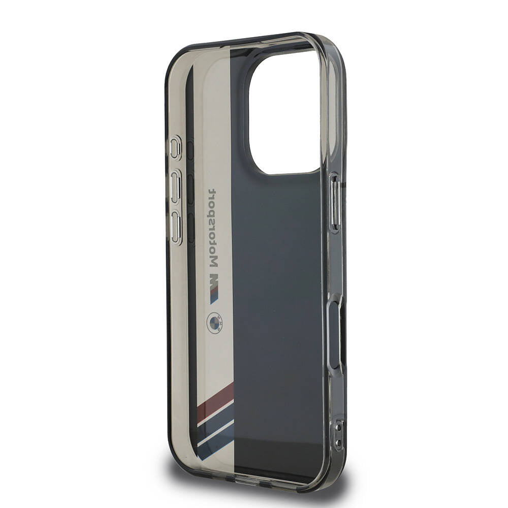 Apple iPhone 16 Pro Max Kılıf BMW Orjinal Lisanslı M Logolu Üç Renk Çizgili Motorsport Vertical Stripe Kapak Siyah