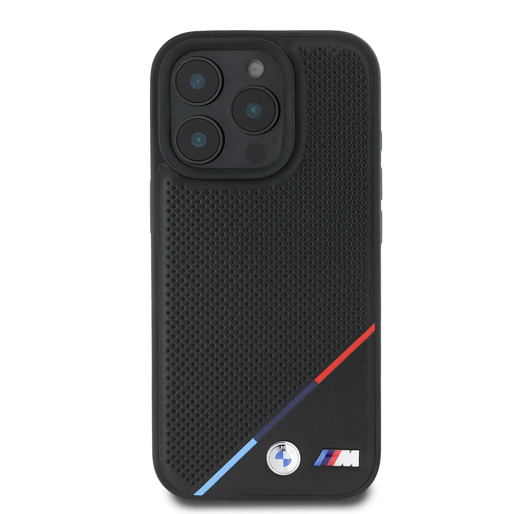 Apple iPhone 16 Pro Max Kılıf BMW Orjinal Lisanslı M-safe Şarj Özellikli M Logolu Üç Çizgili Delikli Deri Kapak Siyah