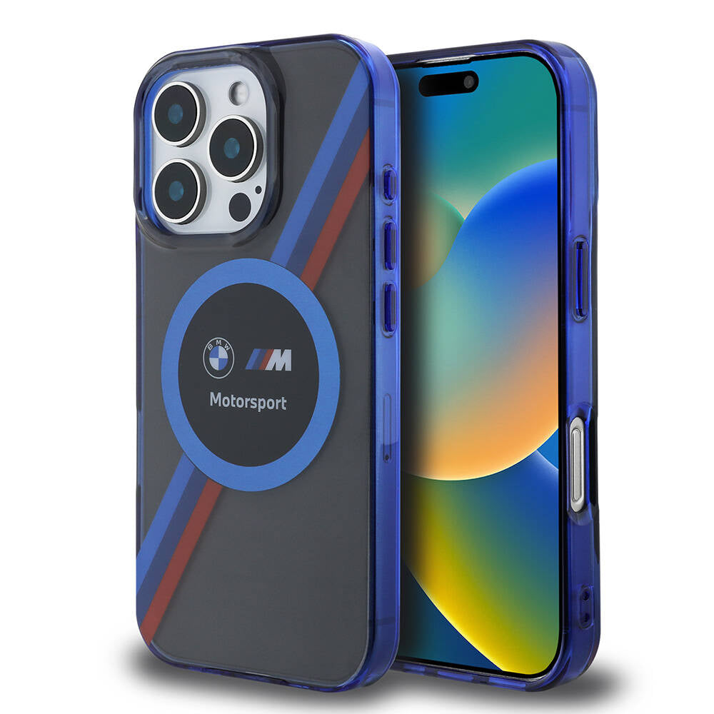 Apple iPhone 16 Pro Max Kılıf BMW Orjinal Lisanslı M-safe Şarj Özellikli M Logolu Üç Renk Çizgili Motorsport Circle Kapak Lacivert
