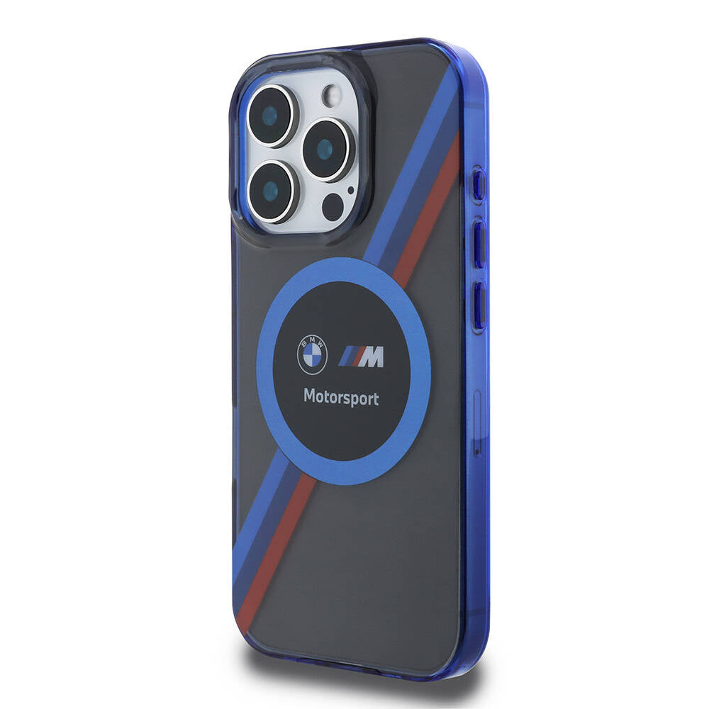Apple iPhone 16 Pro Max Kılıf BMW Orjinal Lisanslı M-safe Şarj Özellikli M Logolu Üç Renk Çizgili Motorsport Circle Kapak Şeffaf