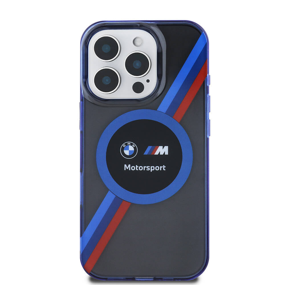 Apple iPhone 16 Pro Max Kılıf BMW Orjinal Lisanslı M-safe Şarj Özellikli M Logolu Üç Renk Çizgili Motorsport Circle Kapak Şeffaf