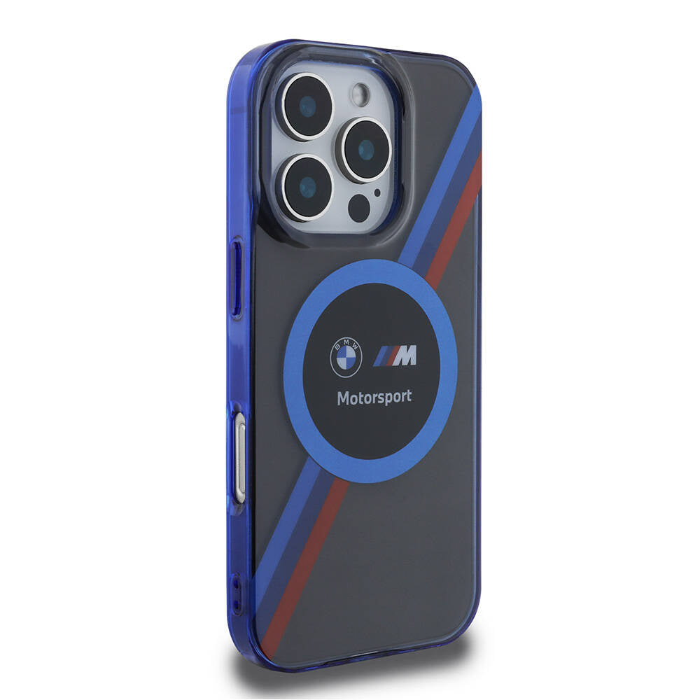 Apple iPhone 16 Pro Max Kılıf BMW Orjinal Lisanslı M-safe Şarj Özellikli M Logolu Üç Renk Çizgili Motorsport Circle Kapak Lacivert