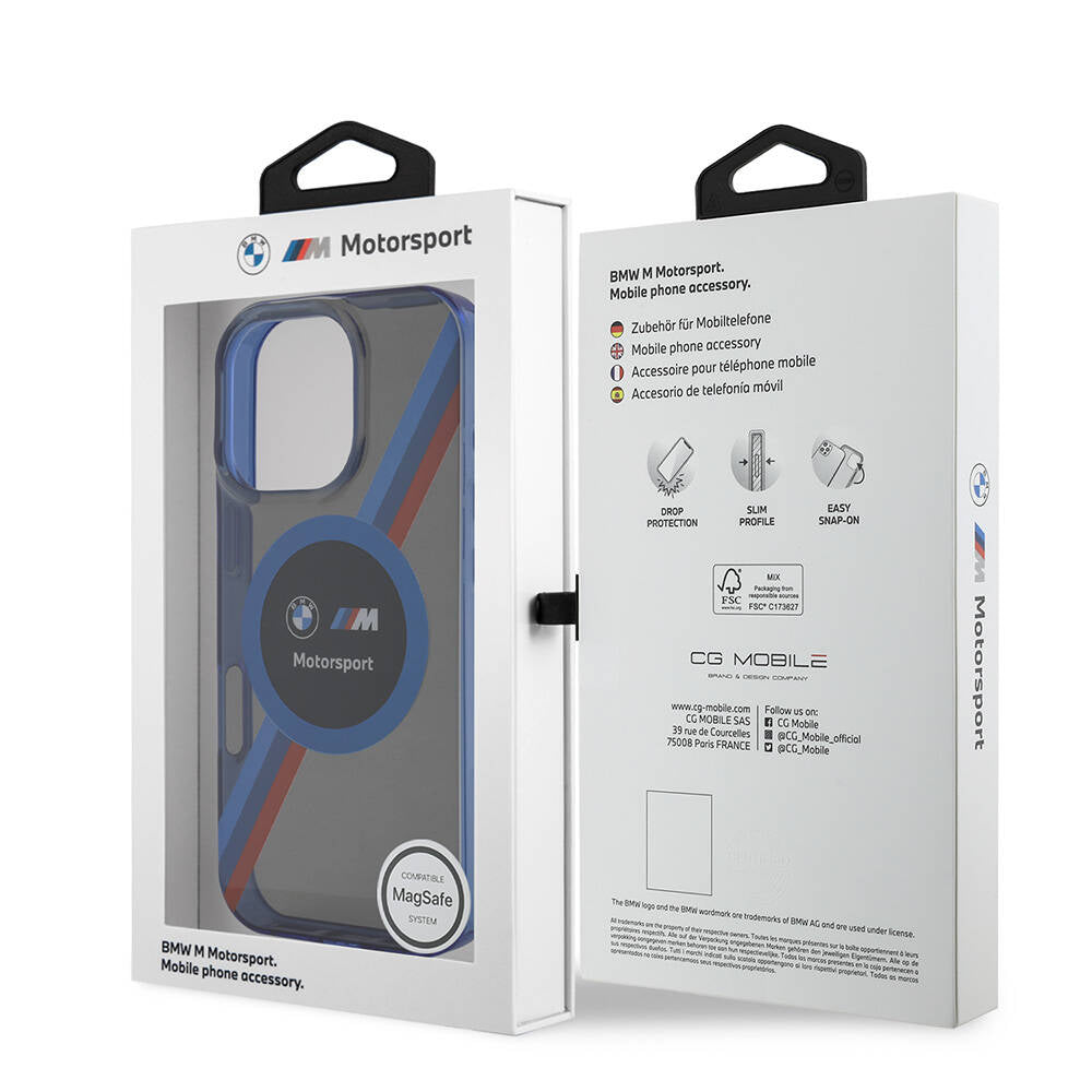 Apple iPhone 16 Pro Max Kılıf BMW Orjinal Lisanslı M-safe Şarj Özellikli M Logolu Üç Renk Çizgili Motorsport Circle Kapak Lacivert