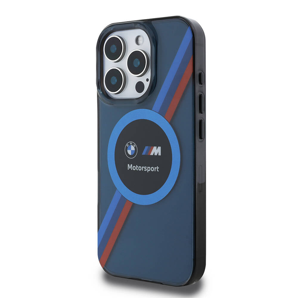 Apple iPhone 16 Pro Max Kılıf BMW Orjinal Lisanslı M-safe Şarj Özellikli M Logolu Üç Renk Çizgili Motorsport Circle Kapak Lacivert