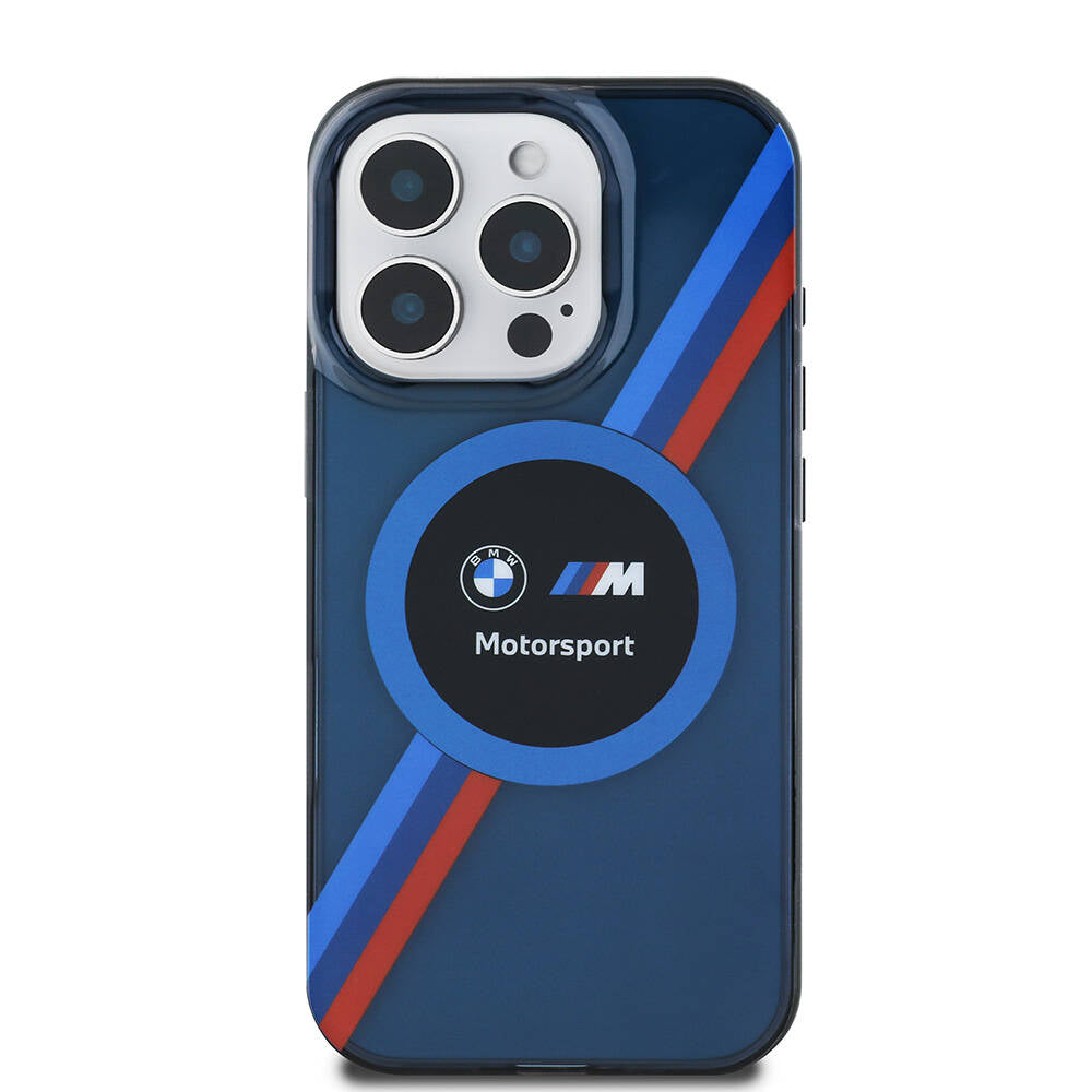 Apple iPhone 16 Pro Max Kılıf BMW Orjinal Lisanslı M-safe Şarj Özellikli M Logolu Üç Renk Çizgili Motorsport Circle Kapak Şeffaf