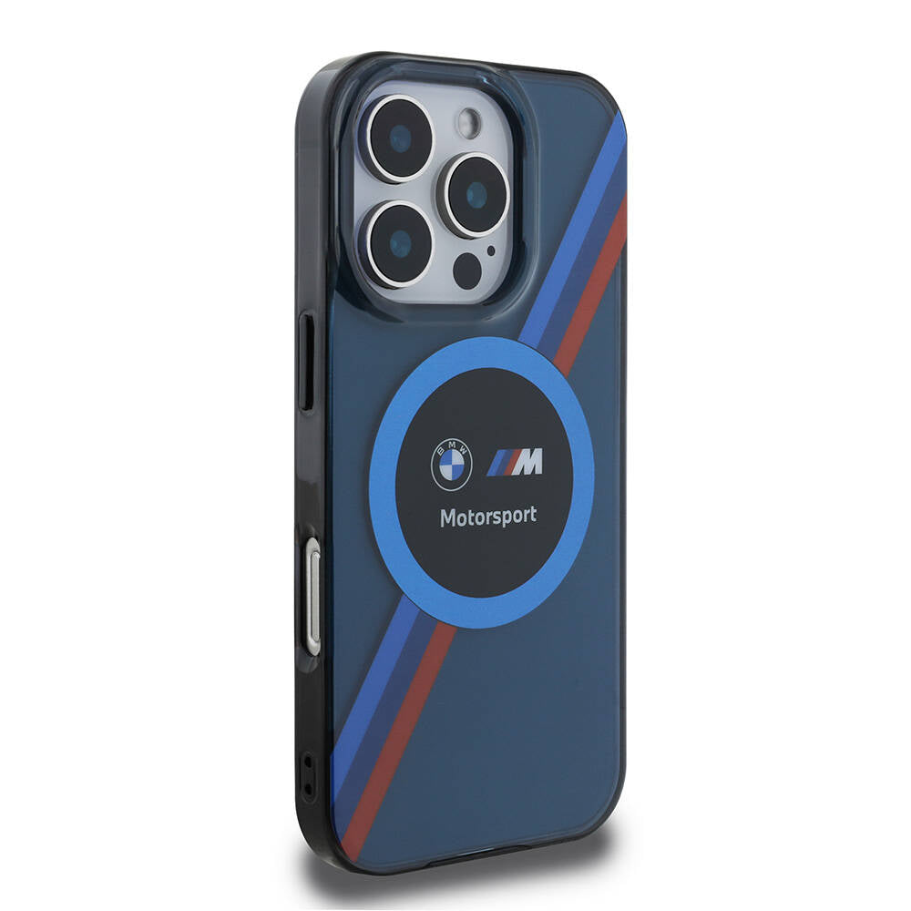 Apple iPhone 16 Pro Max Kılıf BMW Orjinal Lisanslı M-safe Şarj Özellikli M Logolu Üç Renk Çizgili Motorsport Circle Kapak Şeffaf