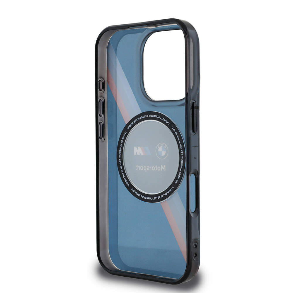 Apple iPhone 16 Pro Max Kılıf BMW Orjinal Lisanslı M-safe Şarj Özellikli M Logolu Üç Renk Çizgili Motorsport Circle Kapak Lacivert
