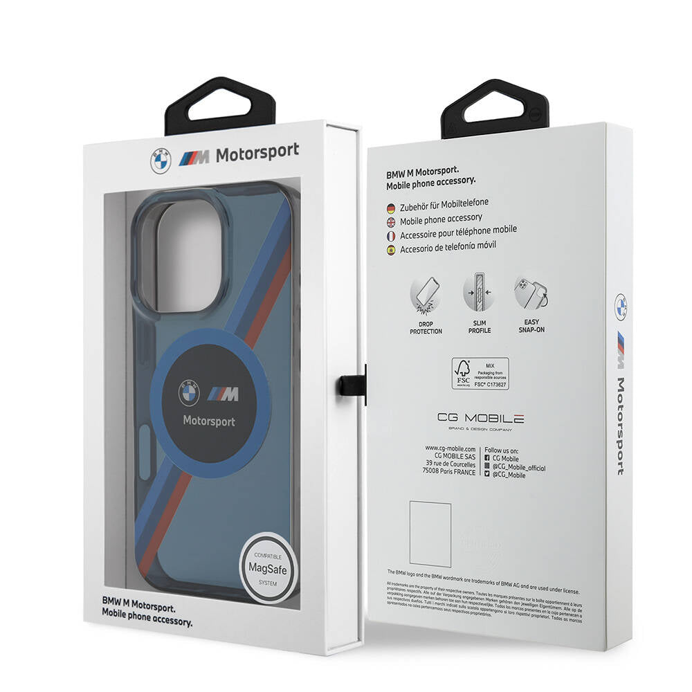 Apple iPhone 16 Pro Max Kılıf BMW Orjinal Lisanslı M-safe Şarj Özellikli M Logolu Üç Renk Çizgili Motorsport Circle Kapak Şeffaf
