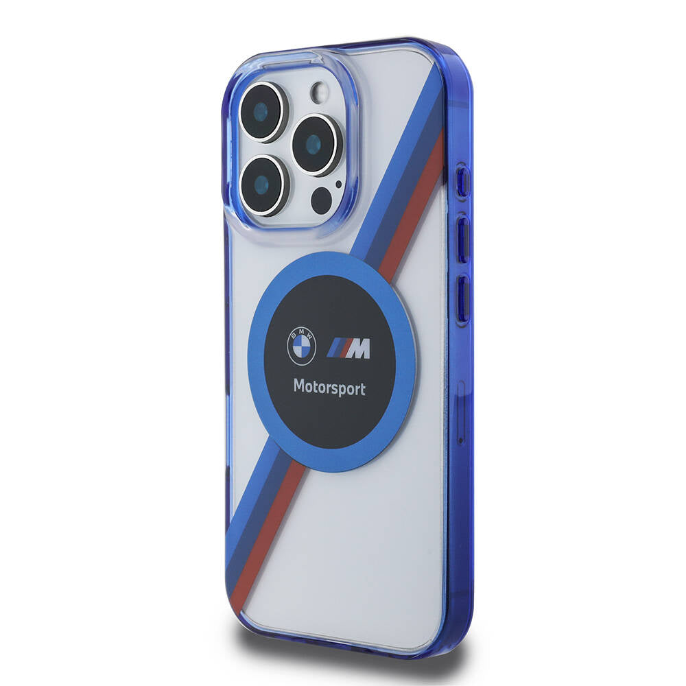 Apple iPhone 16 Pro Max Kılıf BMW Orjinal Lisanslı M-safe Şarj Özellikli M Logolu Üç Renk Çizgili Motorsport Circle Kapak Şeffaf