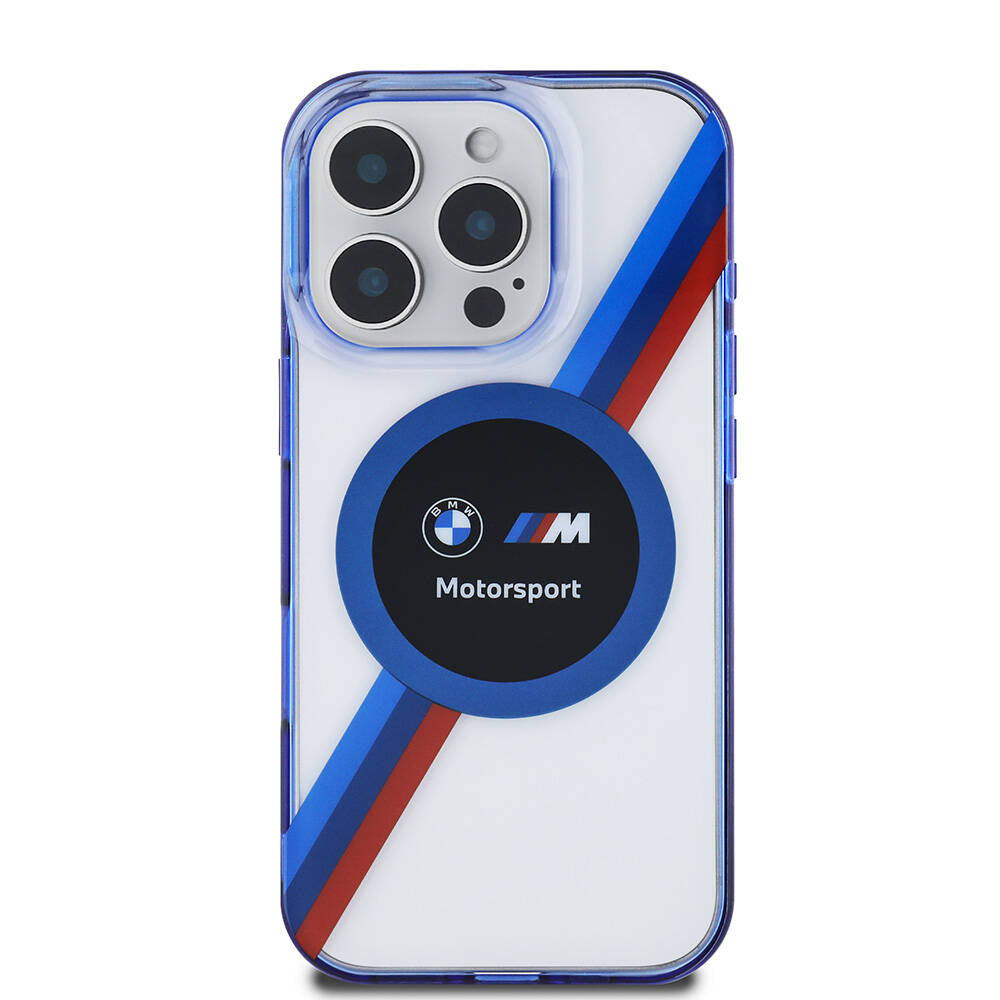 Apple iPhone 16 Pro Max Kılıf BMW Orjinal Lisanslı M-safe Şarj Özellikli M Logolu Üç Renk Çizgili Motorsport Circle Kapak Lacivert